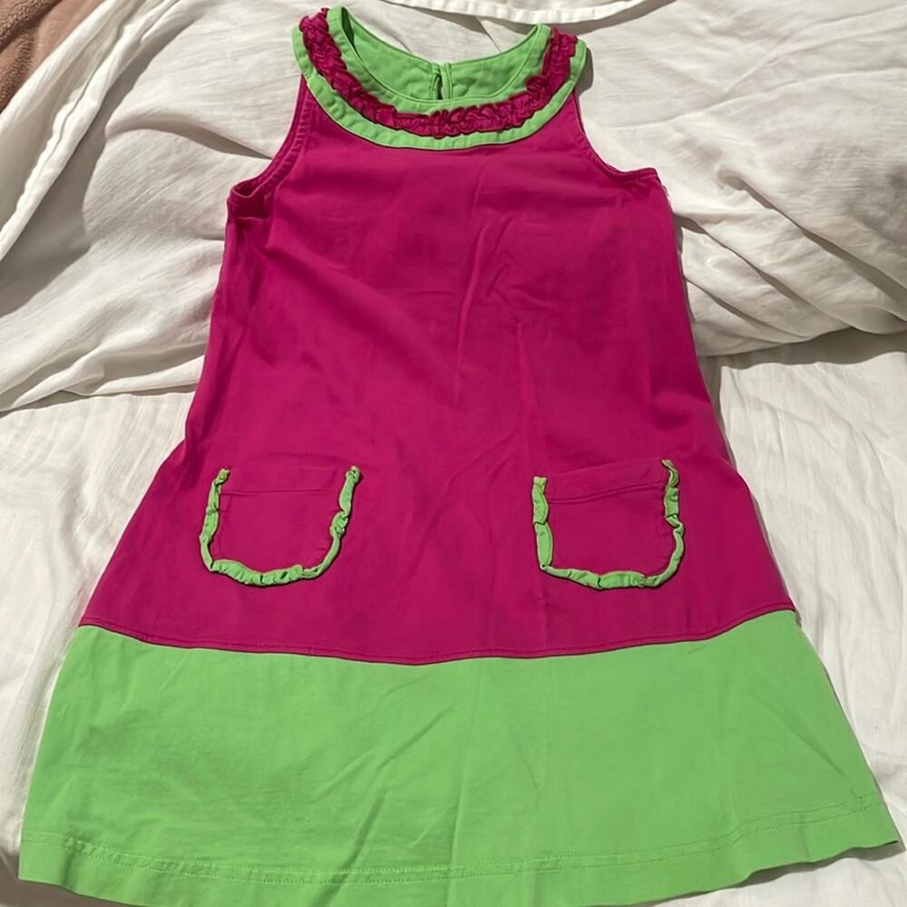Hanna Andersson 120 6x pink green 💯 cotton dress patch pockets ruffles guc